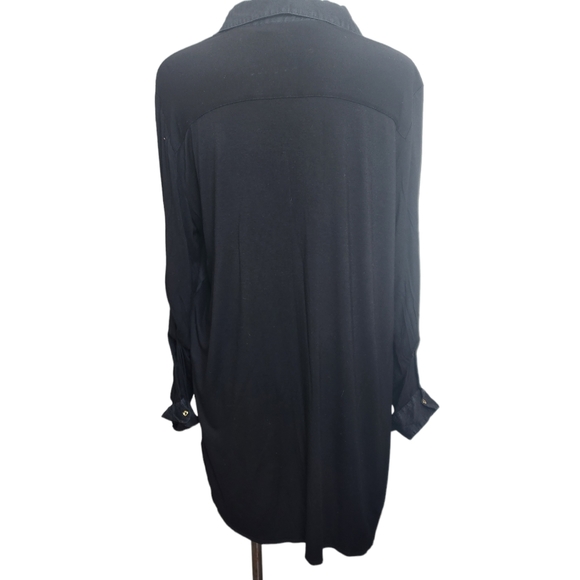 Calvin Klein Linen Front Button Down Pointed Collar  Black Shirt Size L - Picture 2 of 6